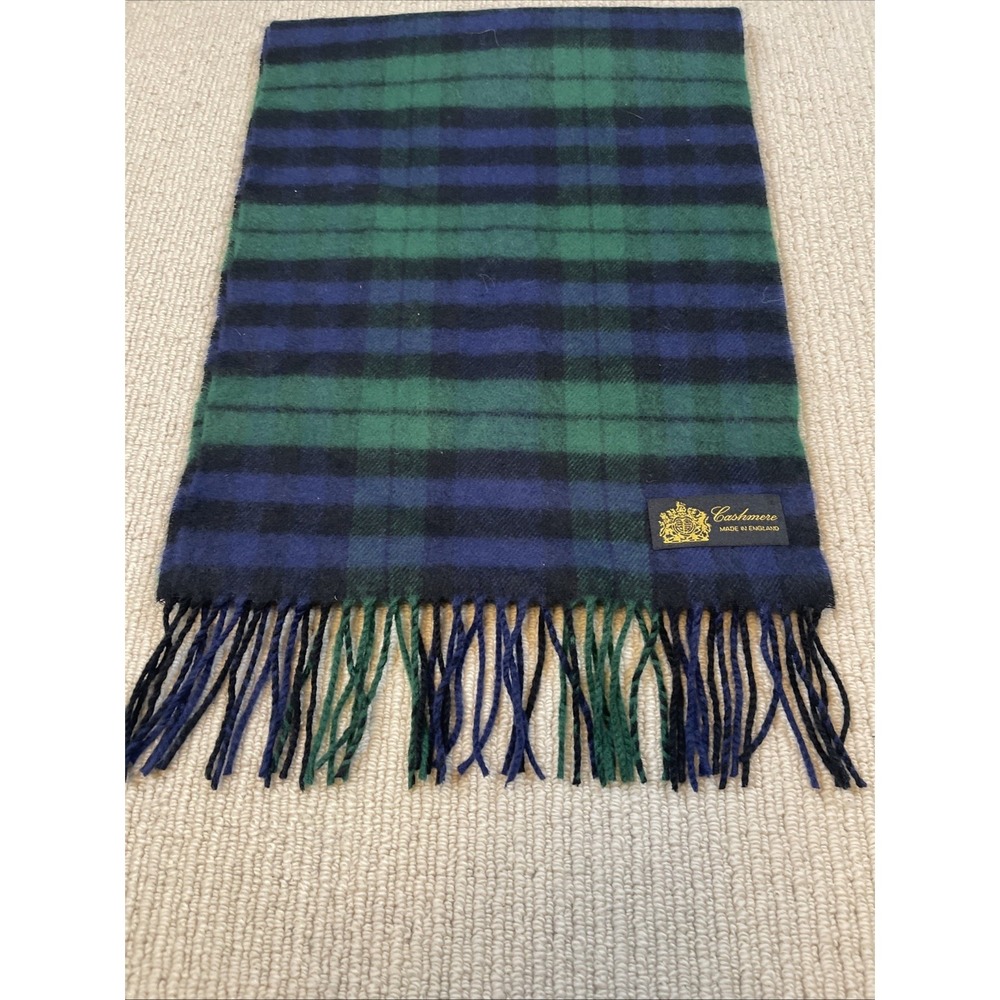 Cashmere Made In England Scarf Plaid Blue Green Soft 12X62